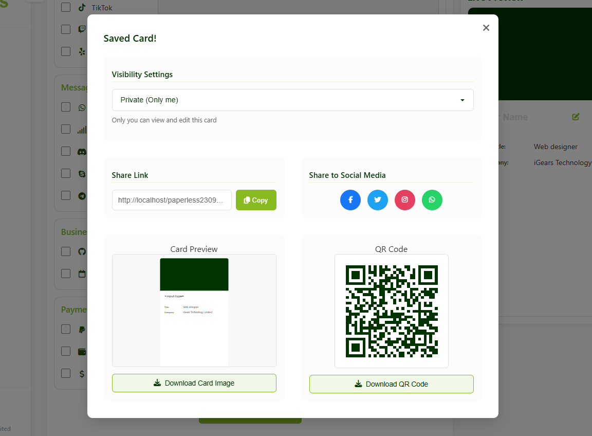 Sharing options showing QR code and link sharing features